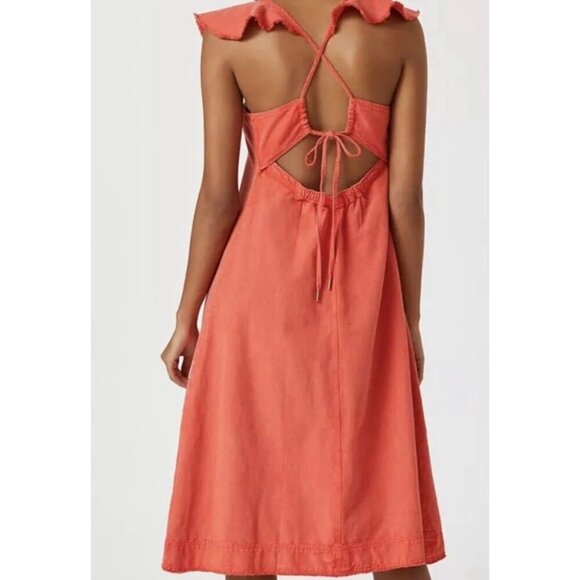 Anthropologie PILCRO Dress Flutter Sleeve Midi Red Cotton Canvas Womens MP - Picture 2 of 15